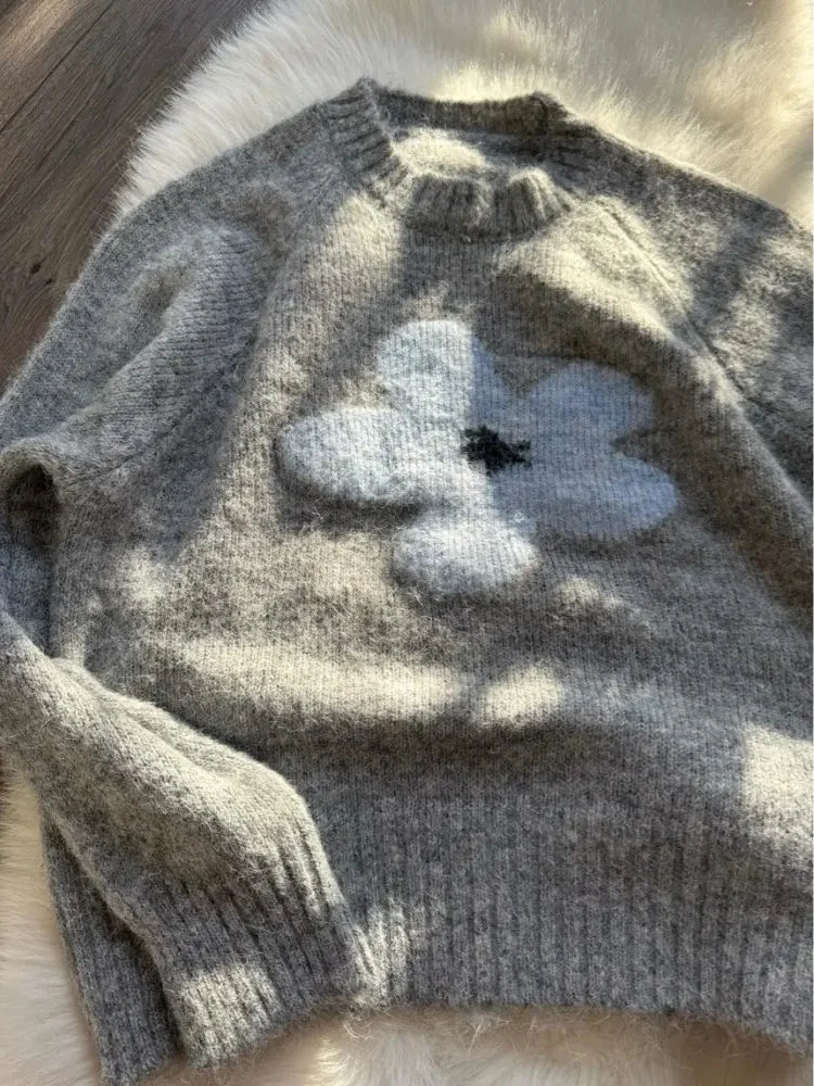 Jersey Mujer Invierno Flores Gris - Punto Holgado Cálido Vintage