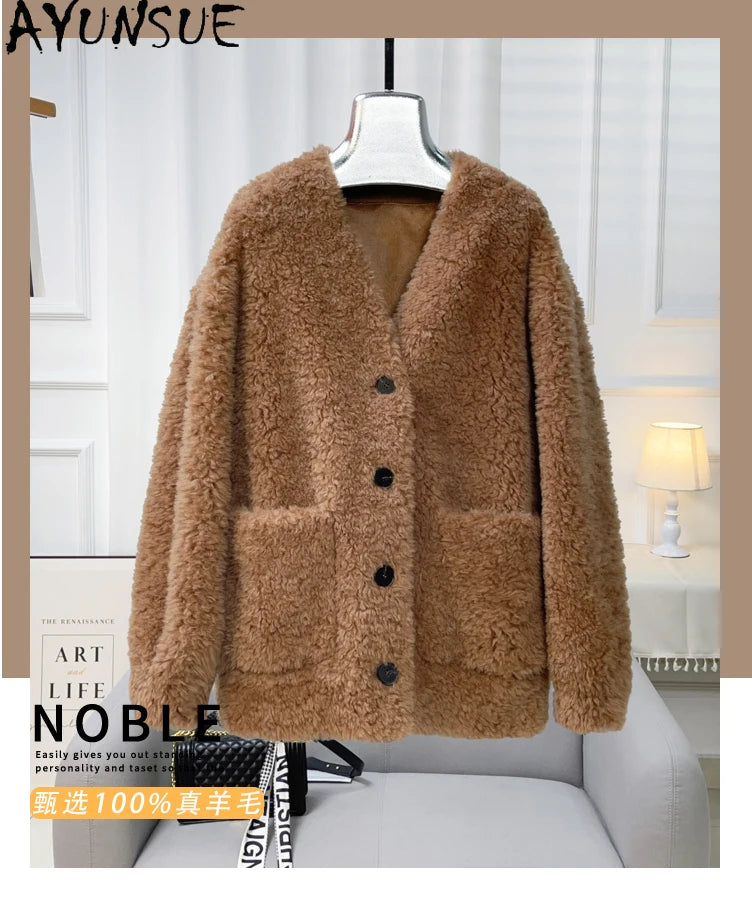 Chaqueta Lana Mujer Natural - Chaqueta Cordero Cuello V Media Largo 2025