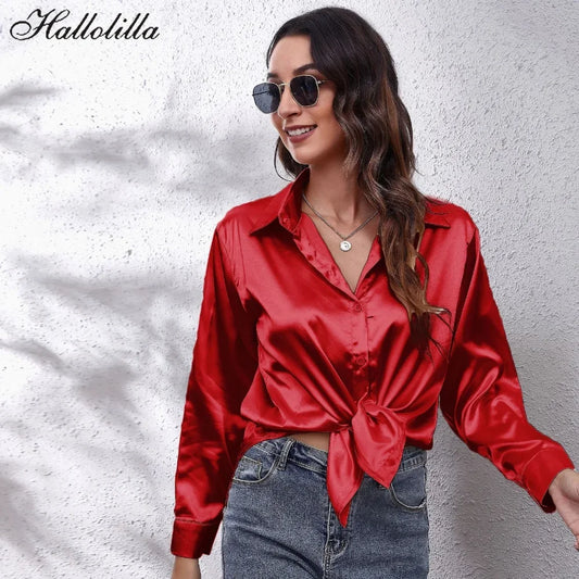 Blusa Satén Mujer Manga Larga Streetwear - Camisa Elegante Primavera Otoño