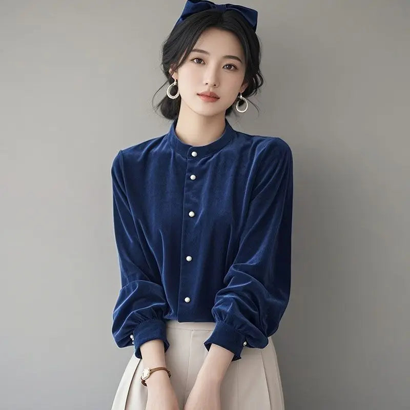 Top Terciopelo Mujer Temperamento - Top Diseño Francés Manga Larga 2025