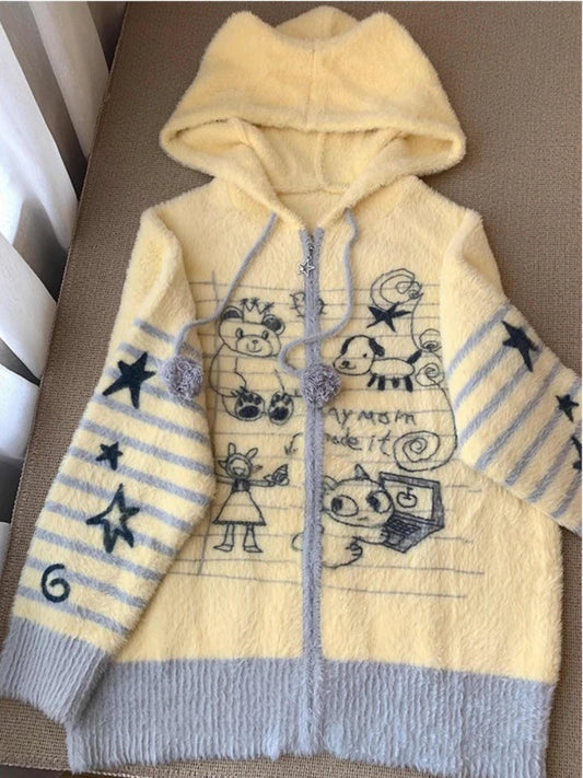 Cárdigan Mujer Vintage Graffiti Capucha - Oversized Invierno Punto Kawaii