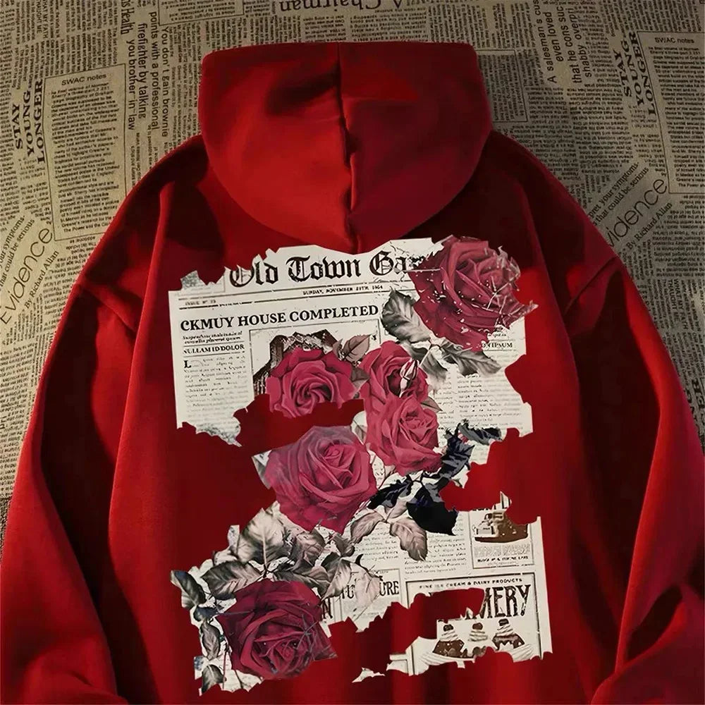 Sudadera Hombre Graphic Rose - Hoodie Algodón Retro Americana Streetwear