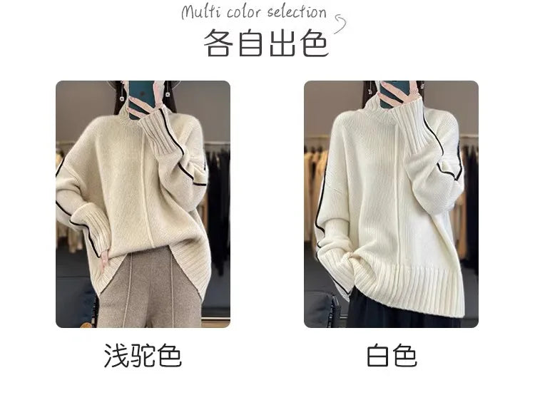 Jersey Mujer Cashmere 100% Cuello Alto - Holgado Grueso Invierno Lujo