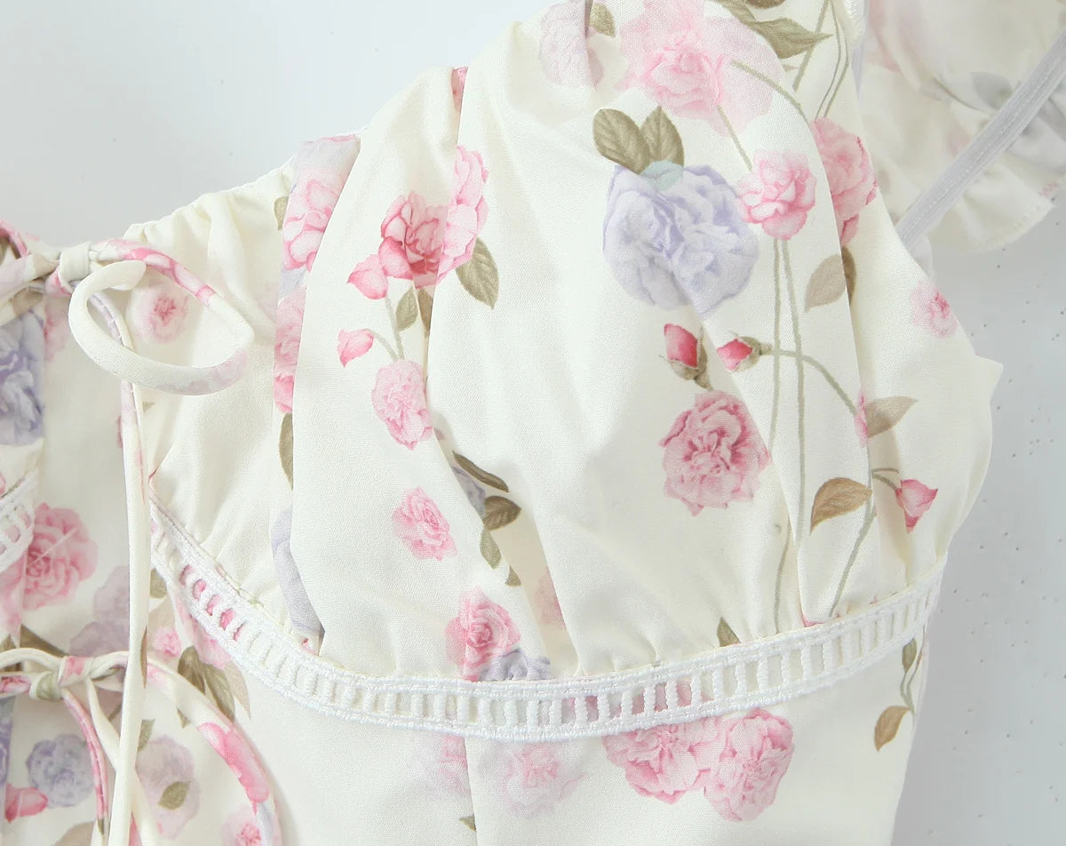 Top Crop Mujer Francés Floral - Top Cordones Cuello V Manga Corta Verano