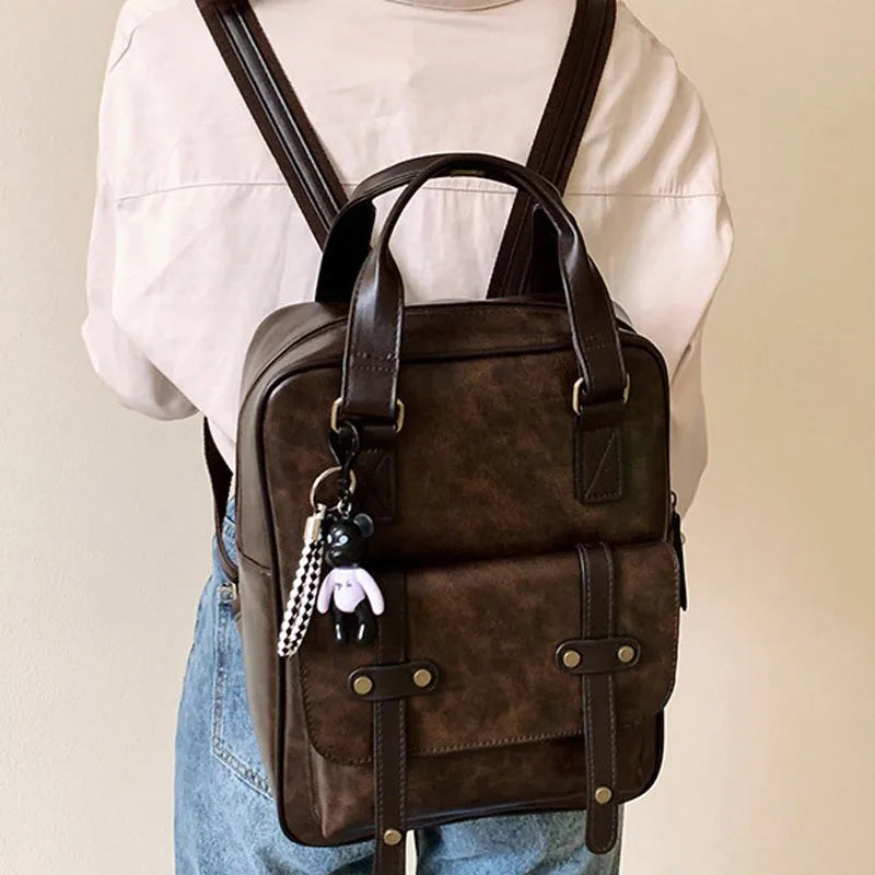 Mochila Cuero Juvenil Unisex - Alta Calidad Adolescentes Escolar Hombro Satchel Color Sólido