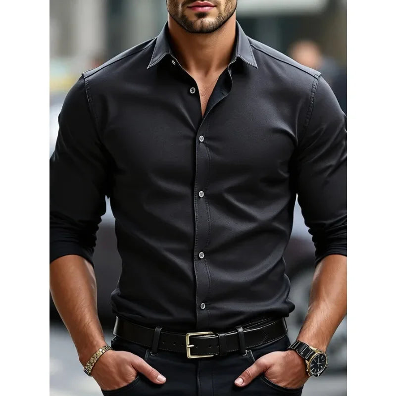 Camisa Formal Hombre Tejido Elástico | Manga Larga Elegante Oficina