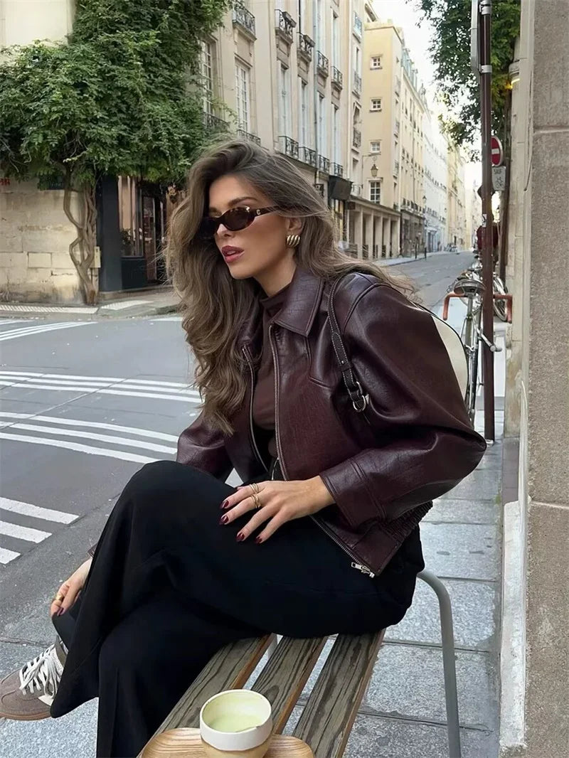Chaqueta Cuero Mujer Burgundy - Chaqueta Retro Americana 2025