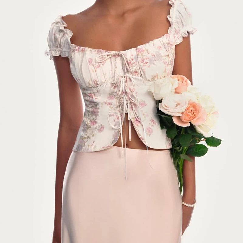 Top Crop Mujer Francés Floral - Top Cordones Cuello V Manga Corta Verano