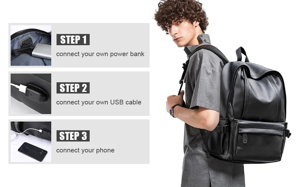 Mochila Cuero Hombre Laptop 14 Pulgadas - Viaje Business Puerto USB Resistente al Agua Daypack