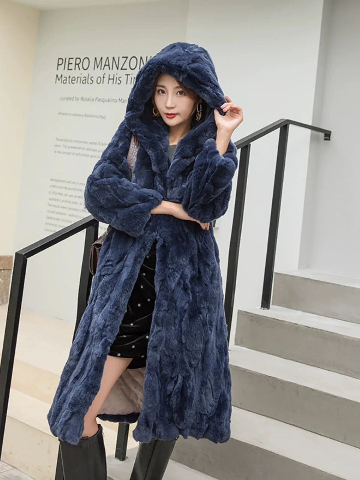 Abrigo Piel Conejo Mujer Capucha - Abrigo Real 110cm Largo Invierno