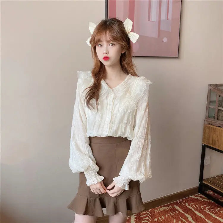 Camisa Cuello Peter Pan Mujer Coreana - Blusa Manga Larga Kawaii Primavera