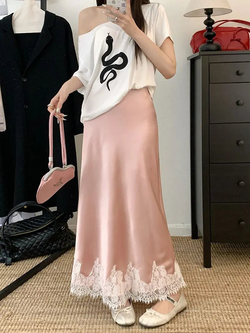 Falda Satén Mujer Larga Elegante - Falda Línea A Encaje Cintura Alta Verano