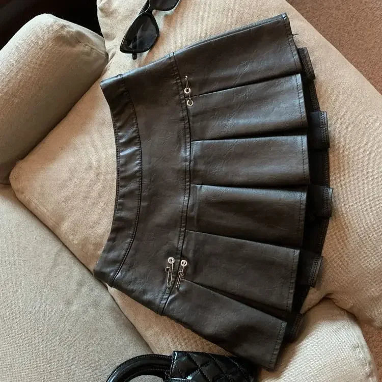 Falda Piel Plisada Mujer Mini - Falda Cuero PU Cintura Alta Roja Negra