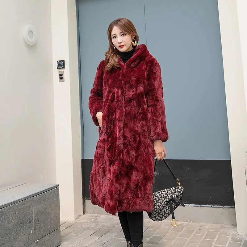Abrigo Piel Conejo Mujer Capucha - Abrigo Real 110cm Largo Invierno