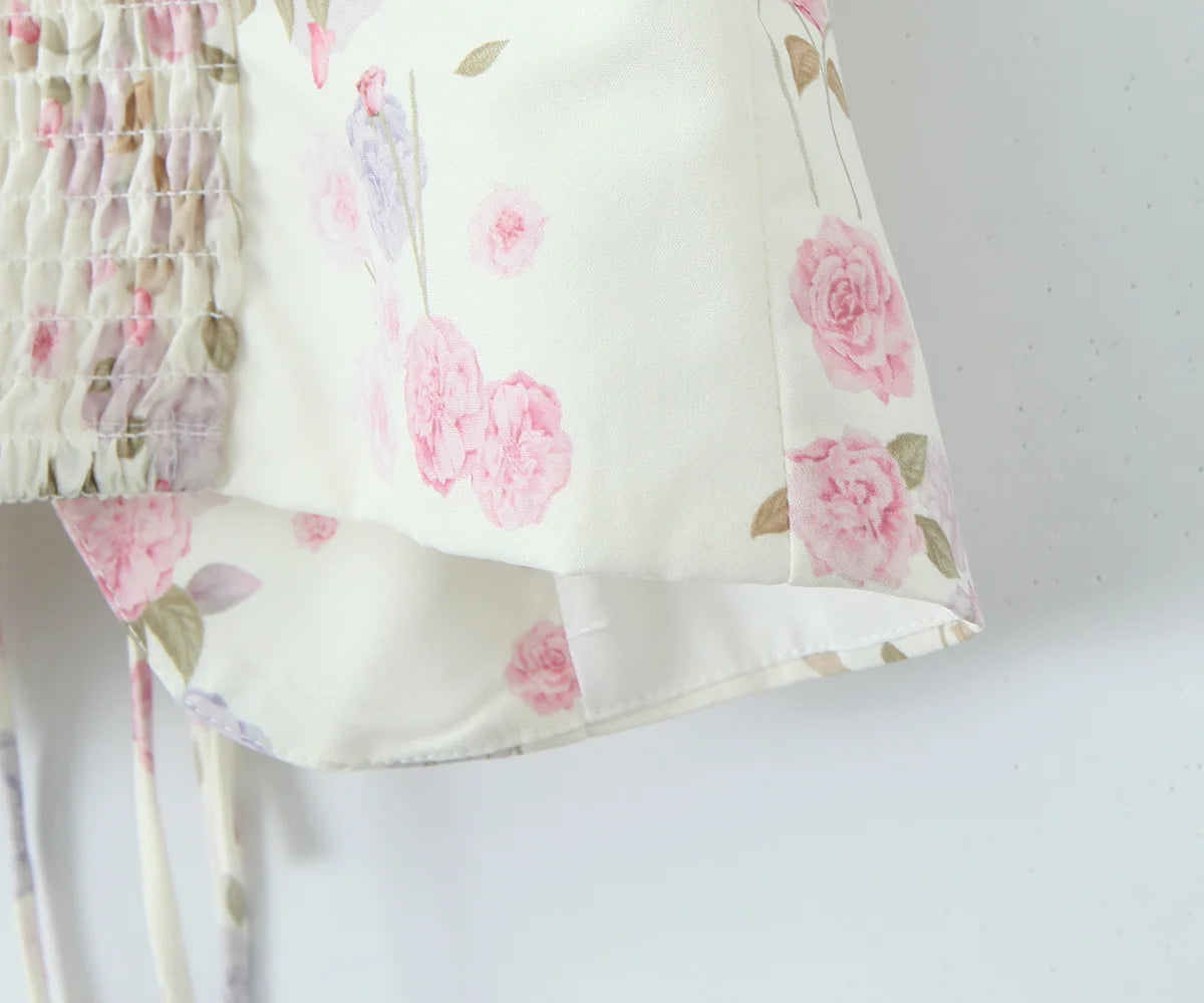 Top Crop Mujer Francés Floral - Top Cordones Cuello V Manga Corta Verano