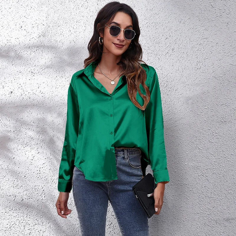 Blusa Satén Mujer Manga Larga Streetwear - Camisa Elegante Primavera Otoño