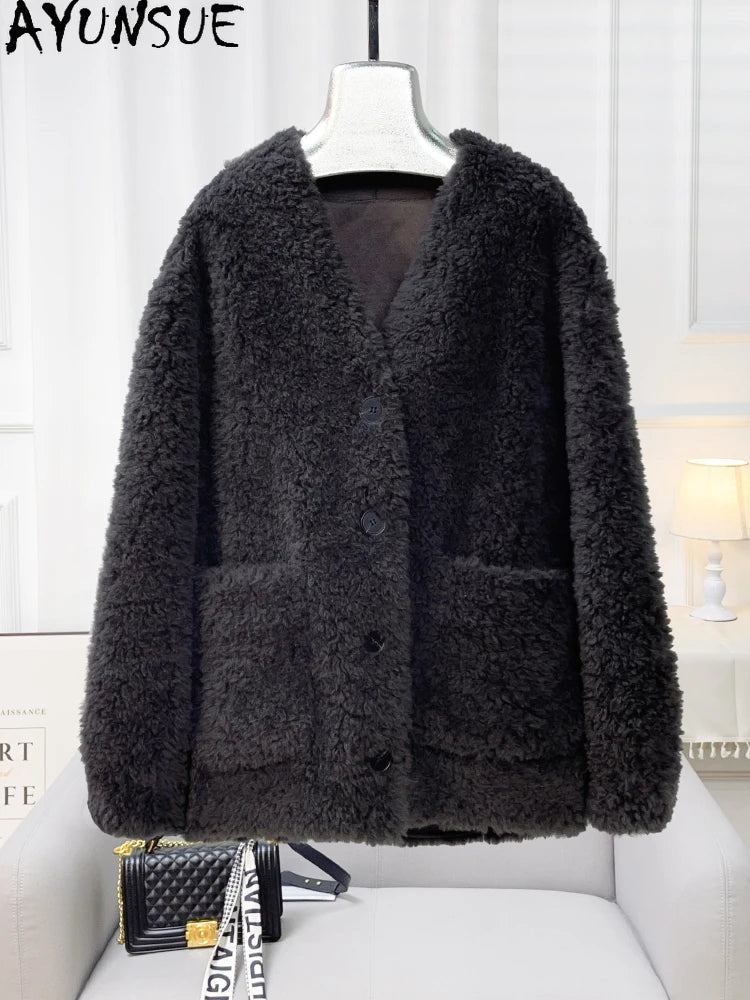 Chaqueta Lana Mujer Natural - Chaqueta Cordero Cuello V Media Largo 2025