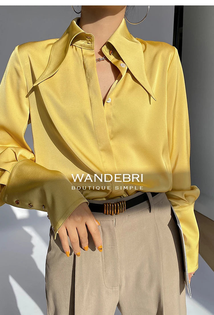 Camisa Satén Seda Mujer Vintage - Blusa Blanca Manga Larga Elegante