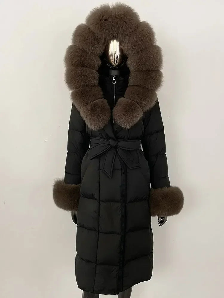 Abrigo Mujer Plumas Pato Piel Mapache - Chaqueta Larga Invierno Lujo