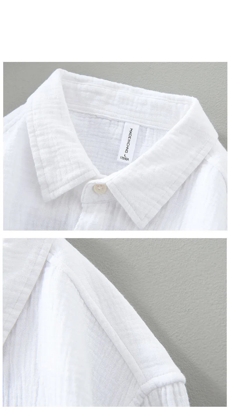 Camisa Hombre Gasa Doble Algodón - Casual Arrugada Manga Larga Suave Transpirable Cuello Cuadrado