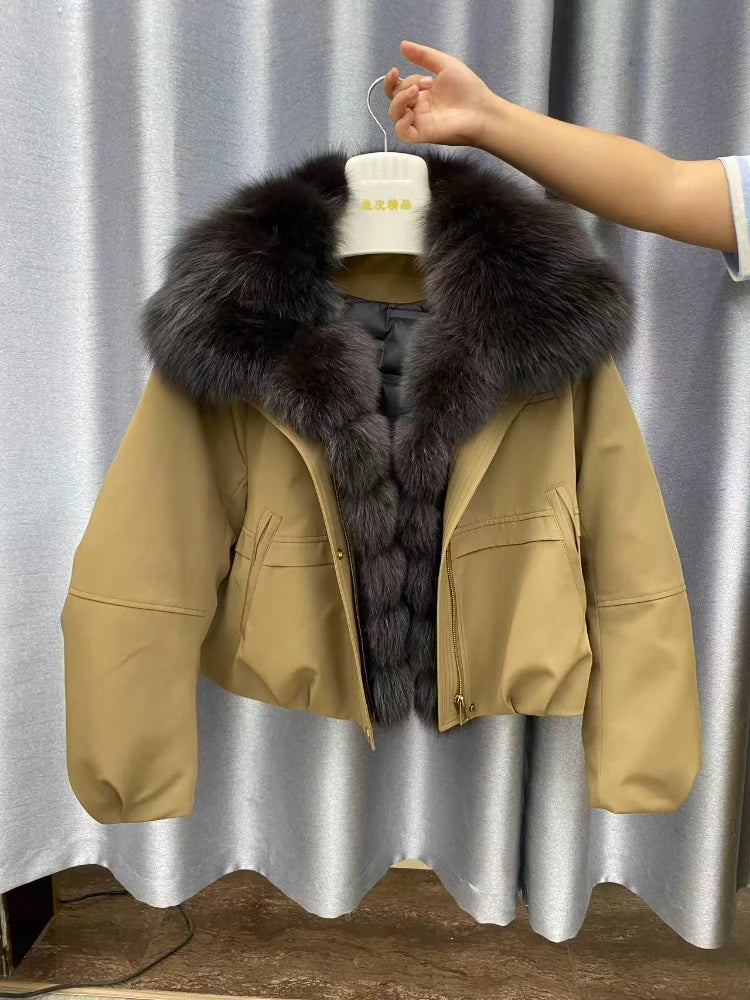 Abrigo Mujer Plumas Ganso Piel Zorro - Chaqueta Invierno Impermeable