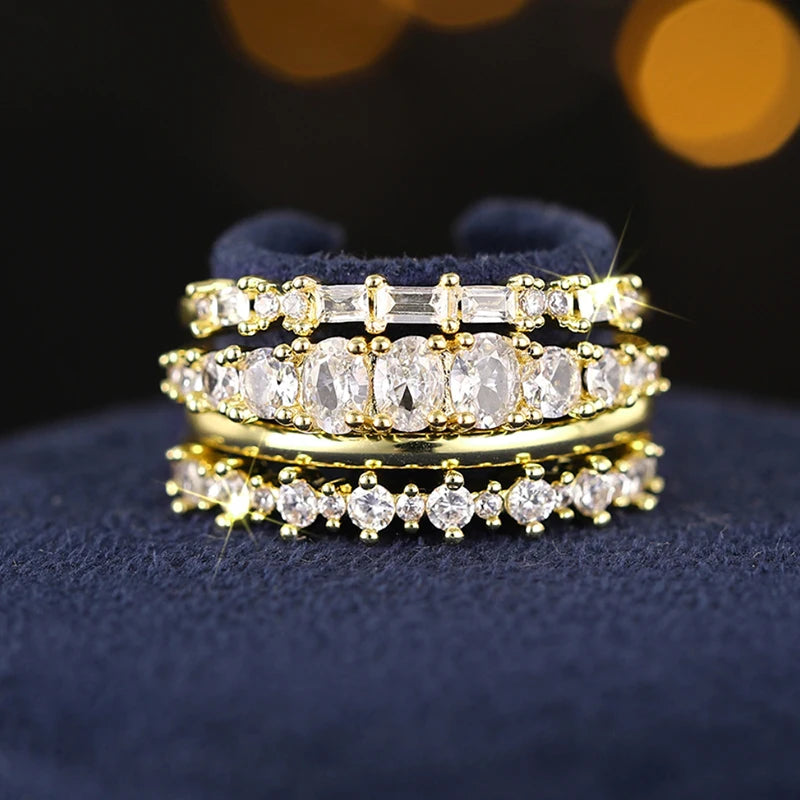 Set 4 Anillos Apilables Circonita - Lujo Trendy Boda Mujer