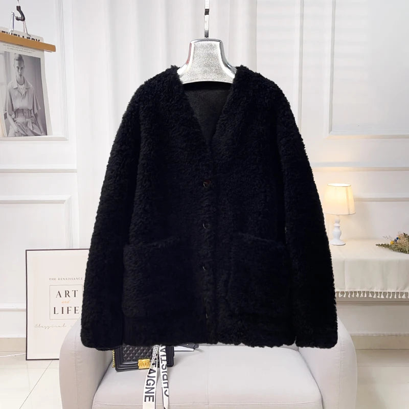 Chaqueta Lana Mujer Natural - Chaqueta Cordero Cuello V Media Largo 2025