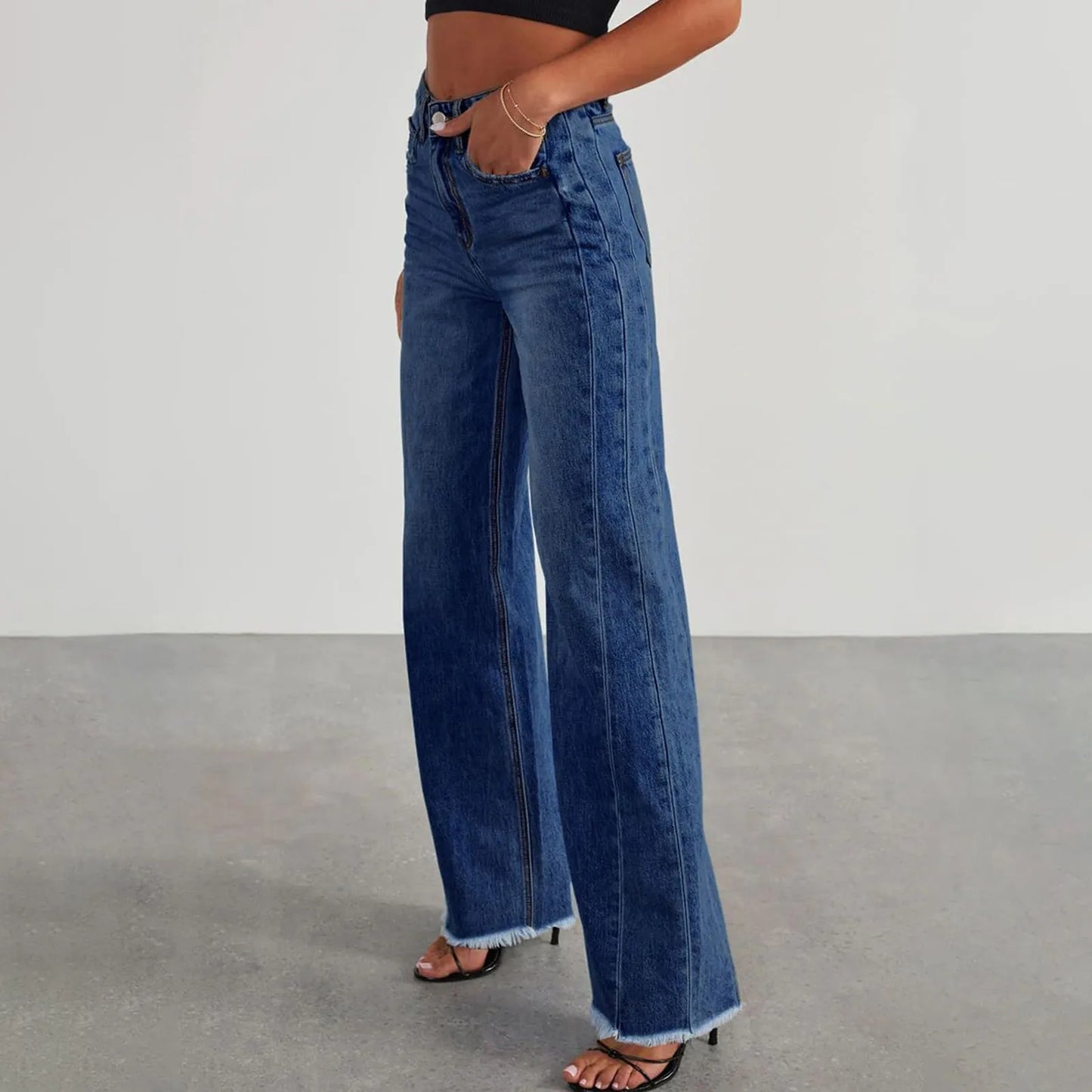 Jeans Mujer Cintura Alta Pierna Ancha - Pantalón Denim Elegante