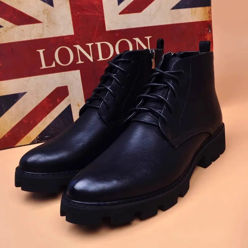 Botas Hombre Cuero Natural Negras - Casual Otoño Invierno Cowboy Platform Business Oficina Tobillo