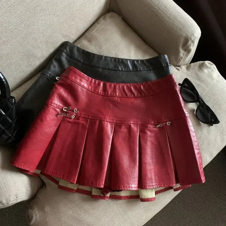 Falda Piel Plisada Mujer Mini - Falda Cuero PU Cintura Alta Roja Negra