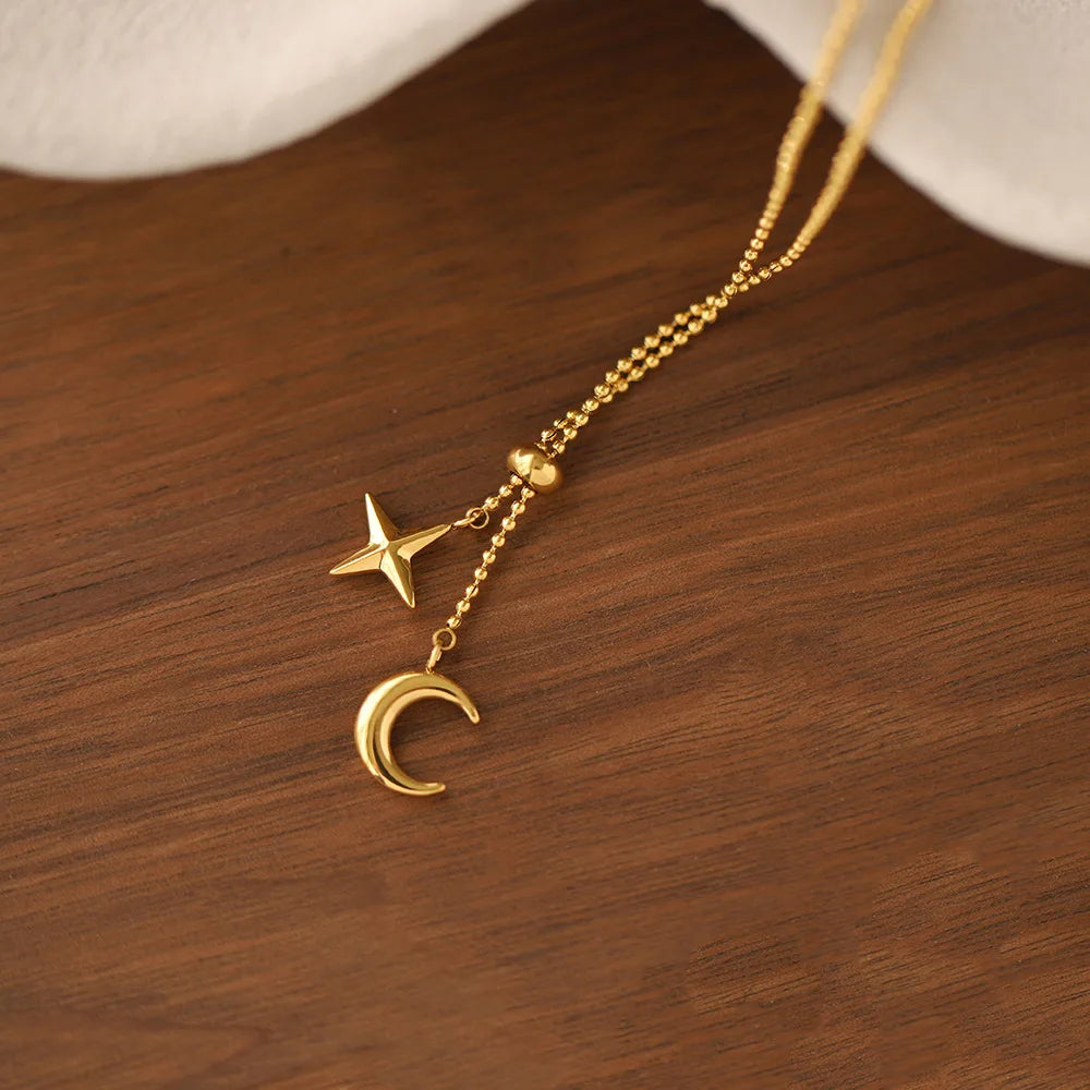 Collar Luna Estrellas Mujer - Acero Inoxidable Dorado Flecos Romántico