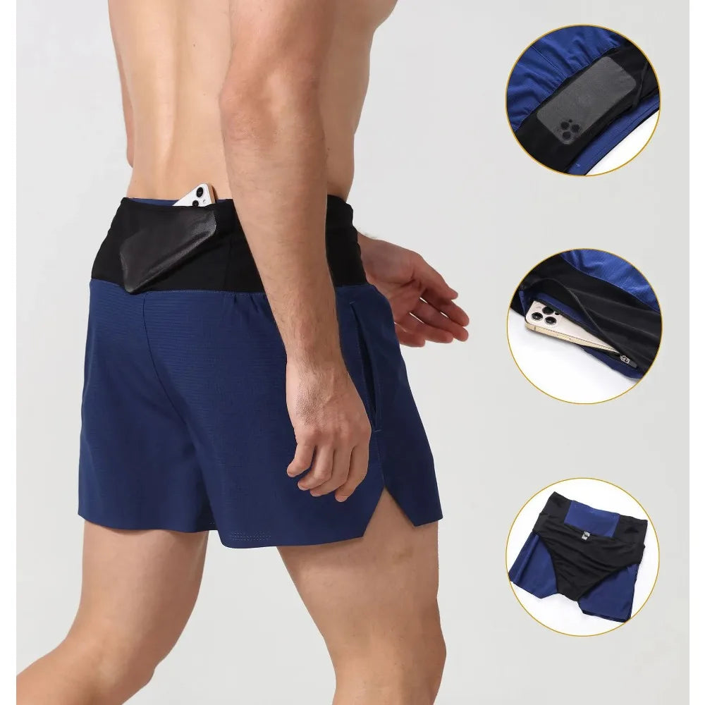 Shorts Running Hombre 2 en 1 Marathon - Pantalones Secado Rápido Multi-Bolsillos Riñonera