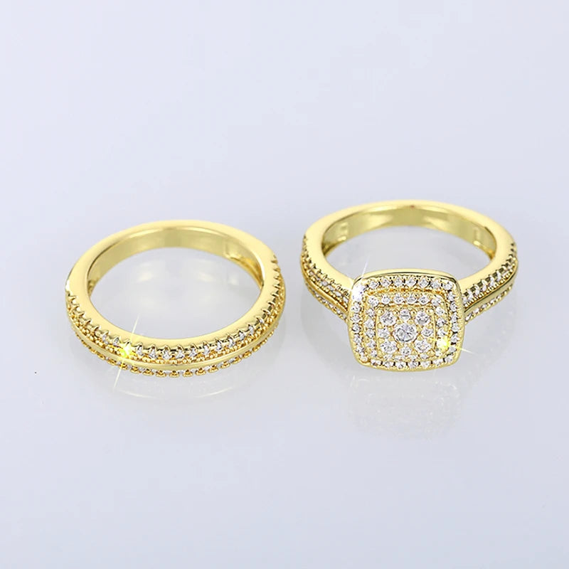 Set 2 Anillos Apilables Doble - Lujo Oro Circonita Compromiso Mujer