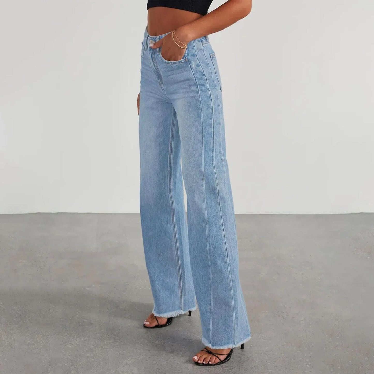 Jeans Mujer Cintura Alta Pierna Ancha - Pantalón Denim Elegante