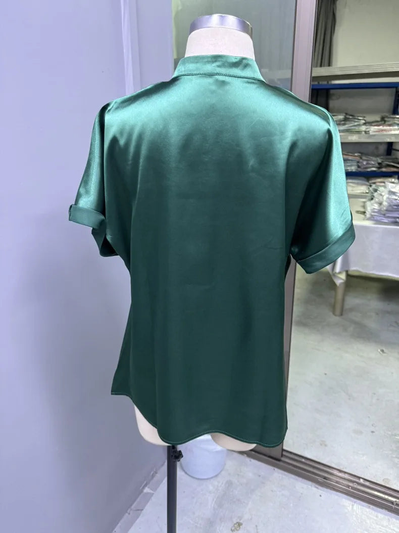 Camisa Satén Mujer Manga Corta - Blusa Oficina Básica 2025