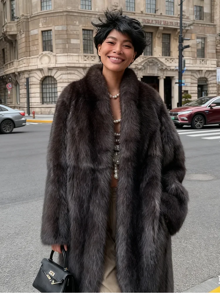 Abrigo Piel Mujer Marrón Medio - Abrigo Solapa Botón Oculto Elegante