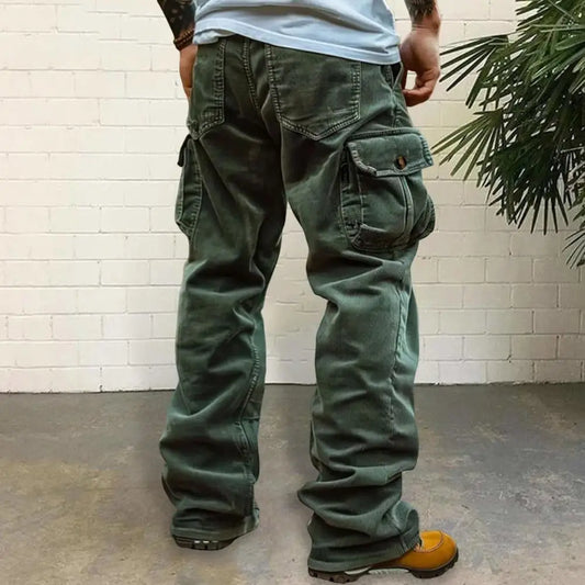 Pantalones Cargo Pana Hombre Retro - Pantalón Múltiples Bolsillos Largo