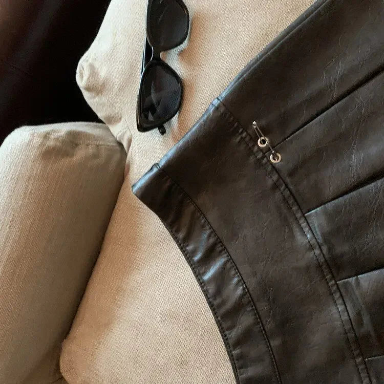 Falda Piel Plisada Mujer Mini - Falda Cuero PU Cintura Alta Roja Negra