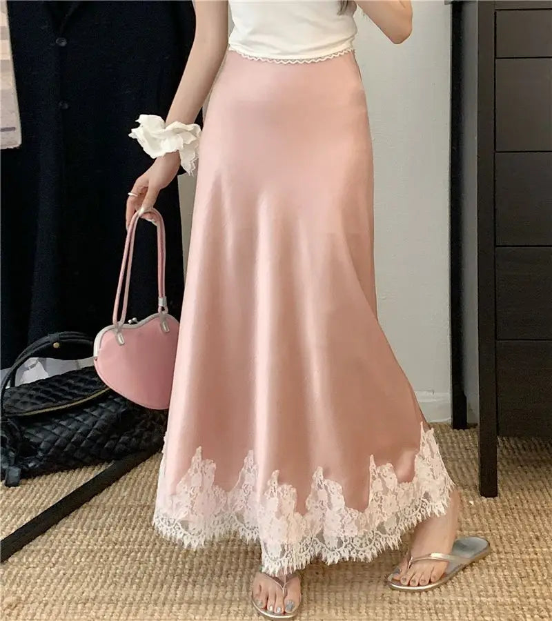 Falda Satén Mujer Larga Elegante - Falda Línea A Encaje Cintura Alta Verano