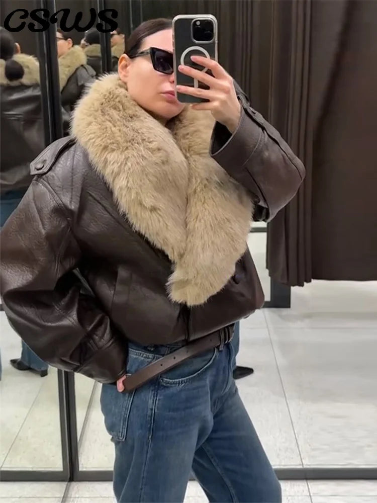 Chaqueta Mujer Elegante PU Piel - Chaqueta Solapa Doble Botón 2025