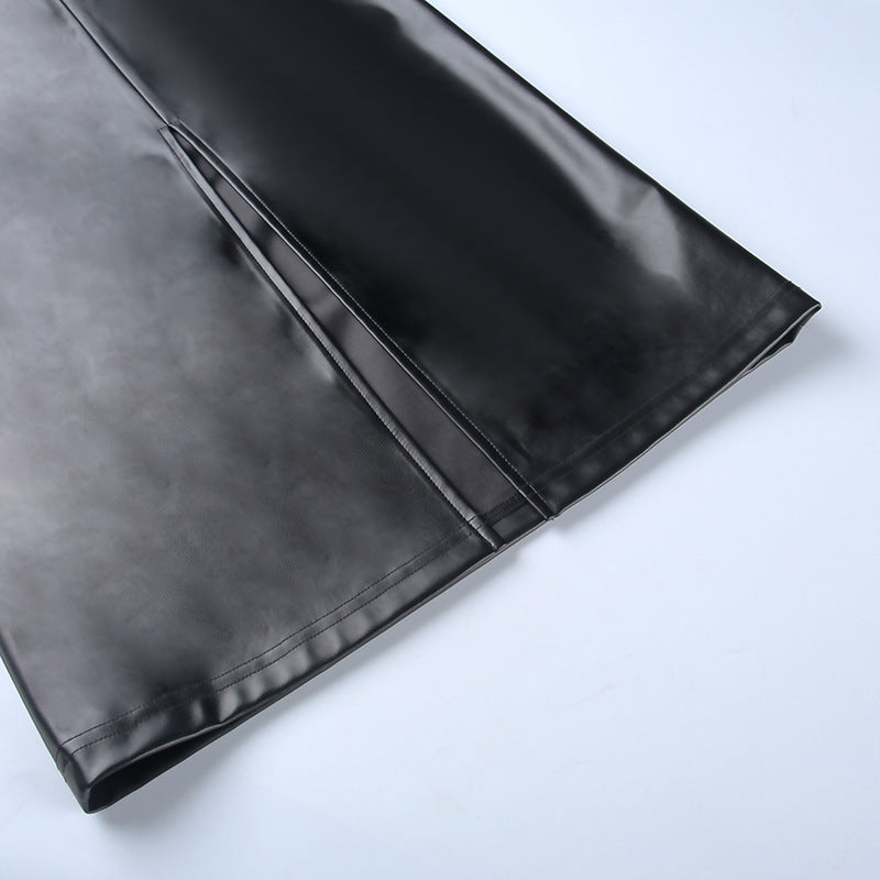 Falda Piel Mujer Elegante Oficina - Falda Cuero PU Midi Fruncida Negra Otoño