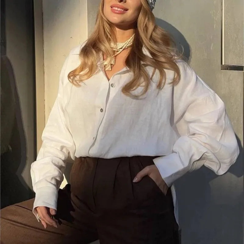 Camisa Mujer Verano Oficina - Blusa Manga Larga Solapa Elegante