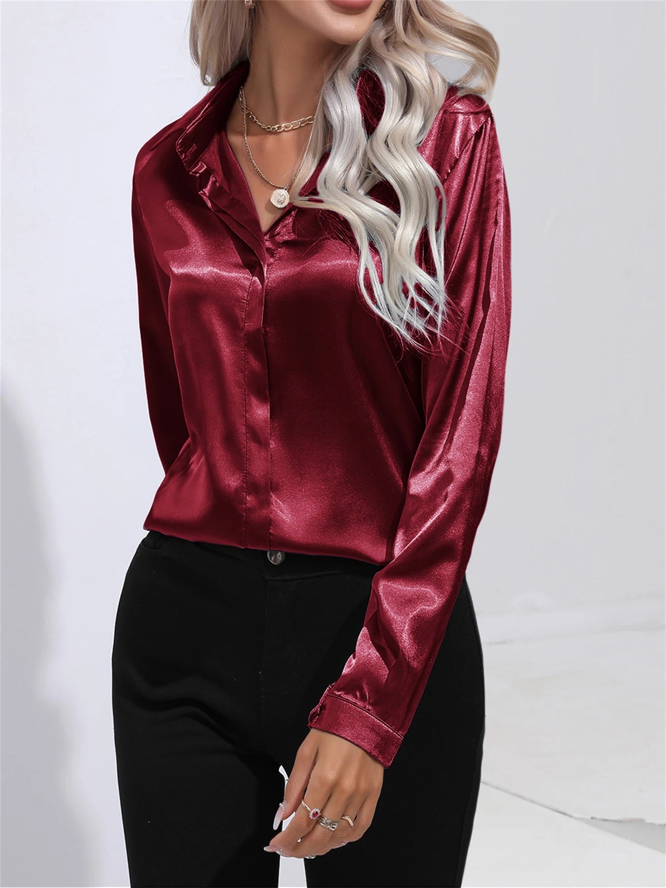 Camisa Satén Mujer Oficina - Blusa Cuello Botón Manga Larga