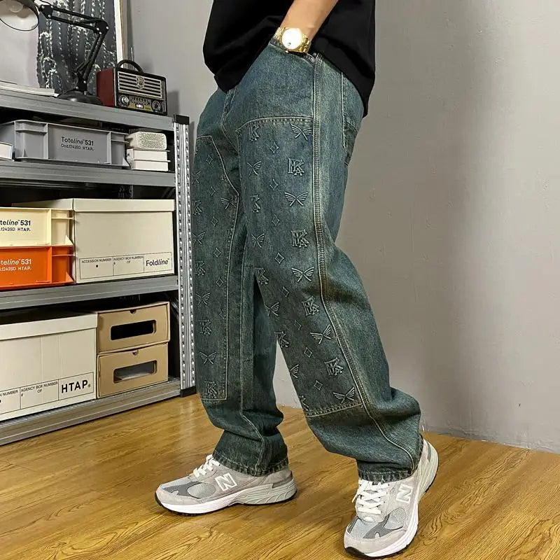 Vaqueros Workwear Hombre Bordados - Jeans Sueltos Rectos Retro Lavado Vintage Casuales