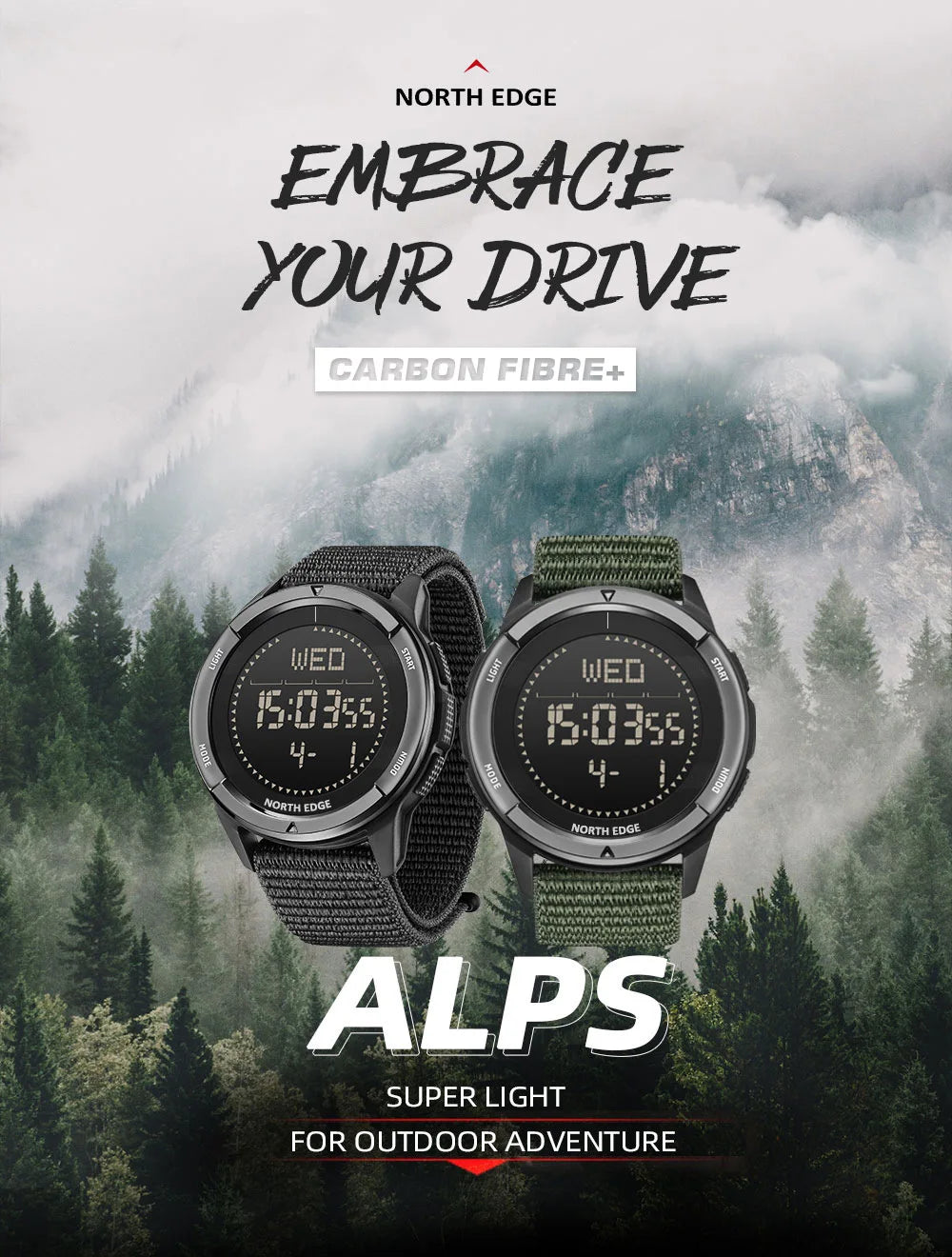 Reloj Digital NORTH EDGE ALPS para Hombre - Deportivo Multifunción LED Resistente al Agua
