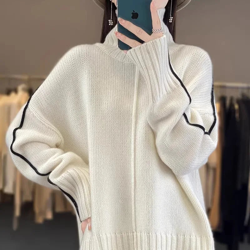 Jersey Mujer Cashmere 100% Cuello Alto - Holgado Grueso Invierno Lujo