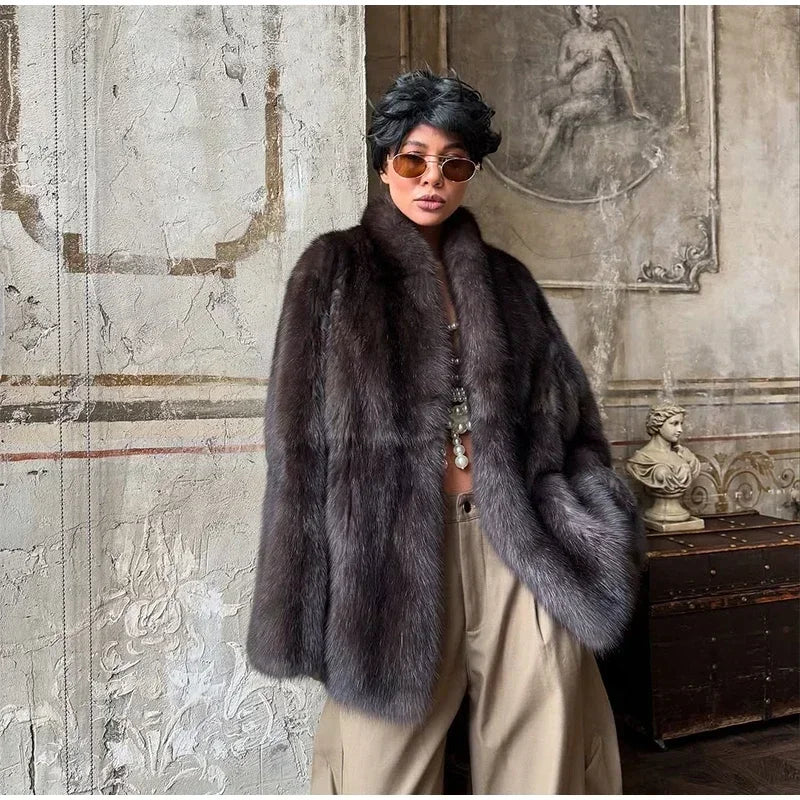 Abrigo Piel Mujer Marrón Medio - Abrigo Solapa Botón Oculto Elegante