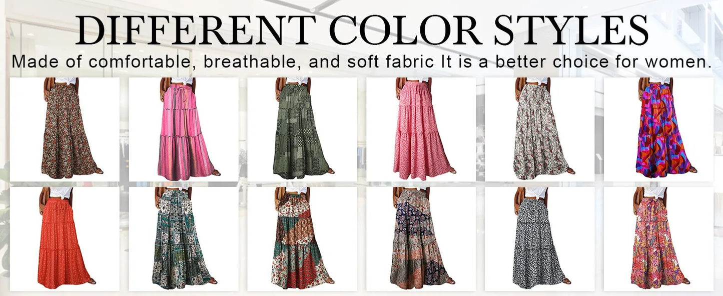 Falda Bohemia Mujer Larga Estampada - Falda Cintura Elástica Bolsillos Primavera