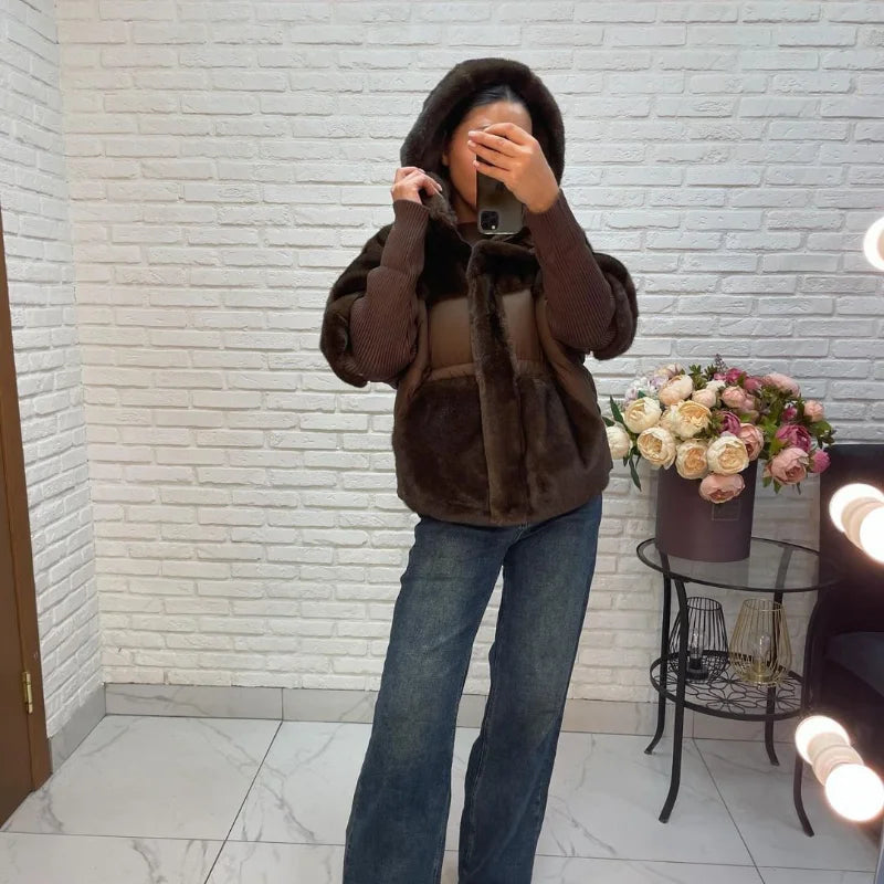 Abrigo Mujer Capucha Patchwork - Abrigo Manga Tejida Oversize 2025