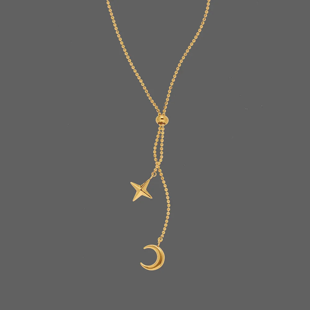 Collar Luna Estrellas Mujer - Acero Inoxidable Dorado Flecos Romántico